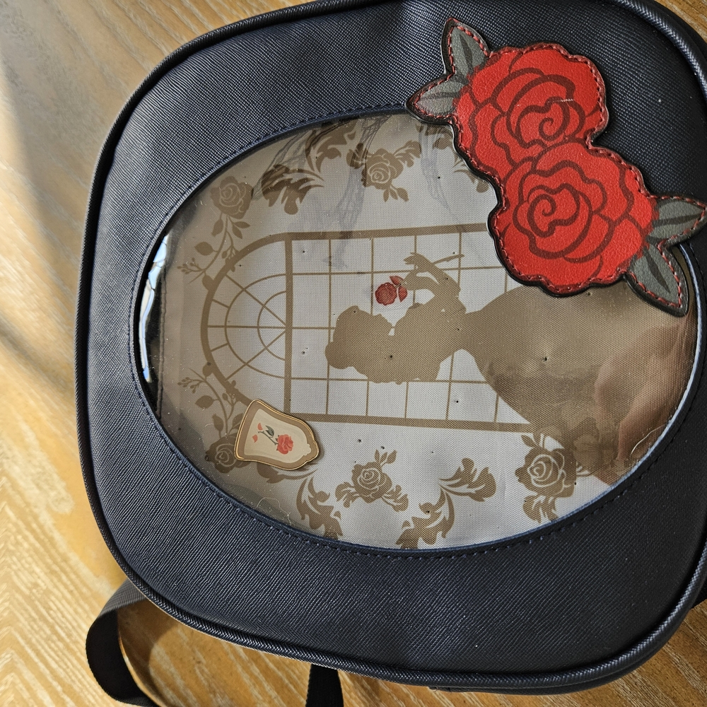 Disney Beauty and the Beast mini pin collector backpack with Red Rose Design